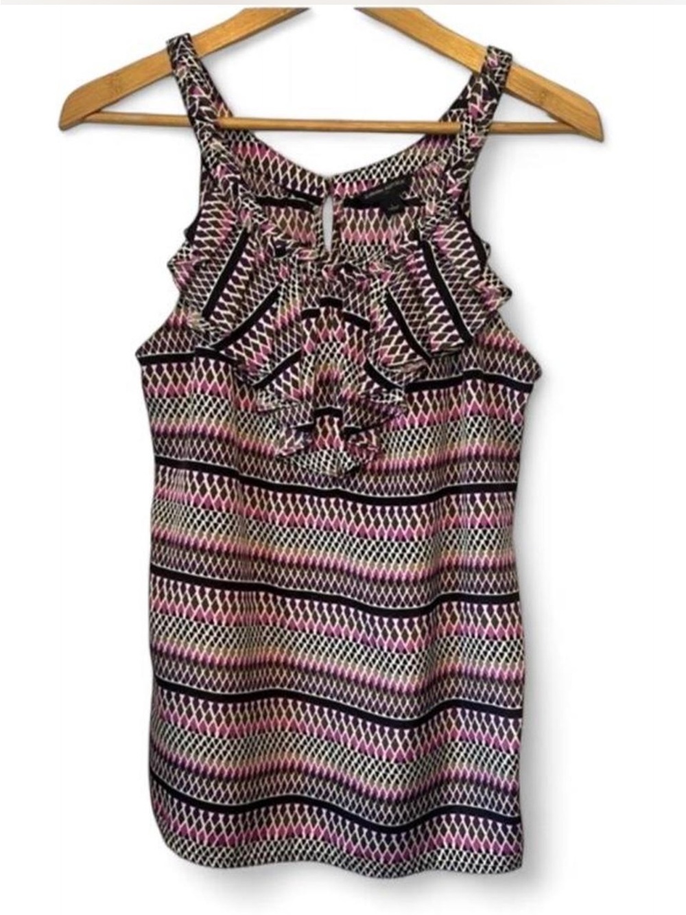 Banana Republic Geometric Print Ruffle Tank Top Pink Black Indie Coquette  L